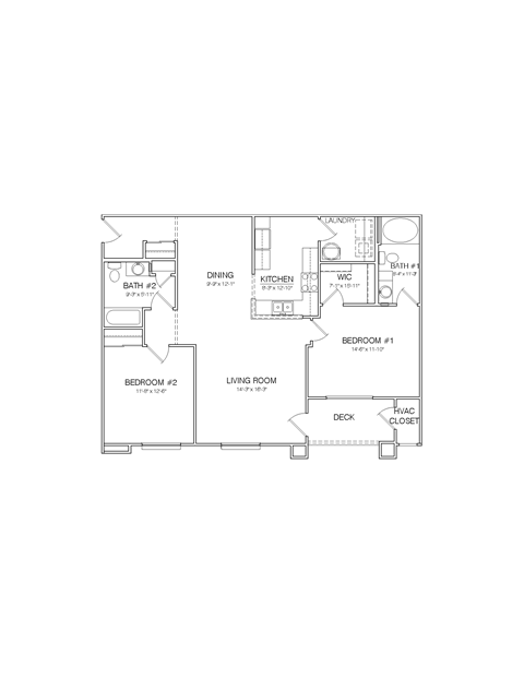 Floor plan for 2 beds, 2 baths, 1355 sqft